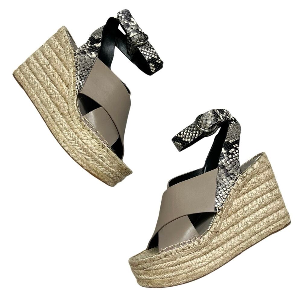 NEW Marc Fisher | Abacia Gray Snake Leather Espadrille Wedges Sandals Womens 8.5